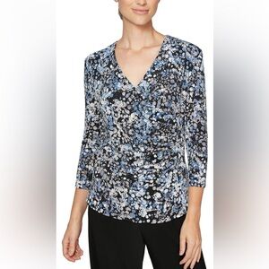 NEW ALEX EVENINGS BLUE EMBELLISHED Surplice BLOUSE Faux Wrap Glitter ruched